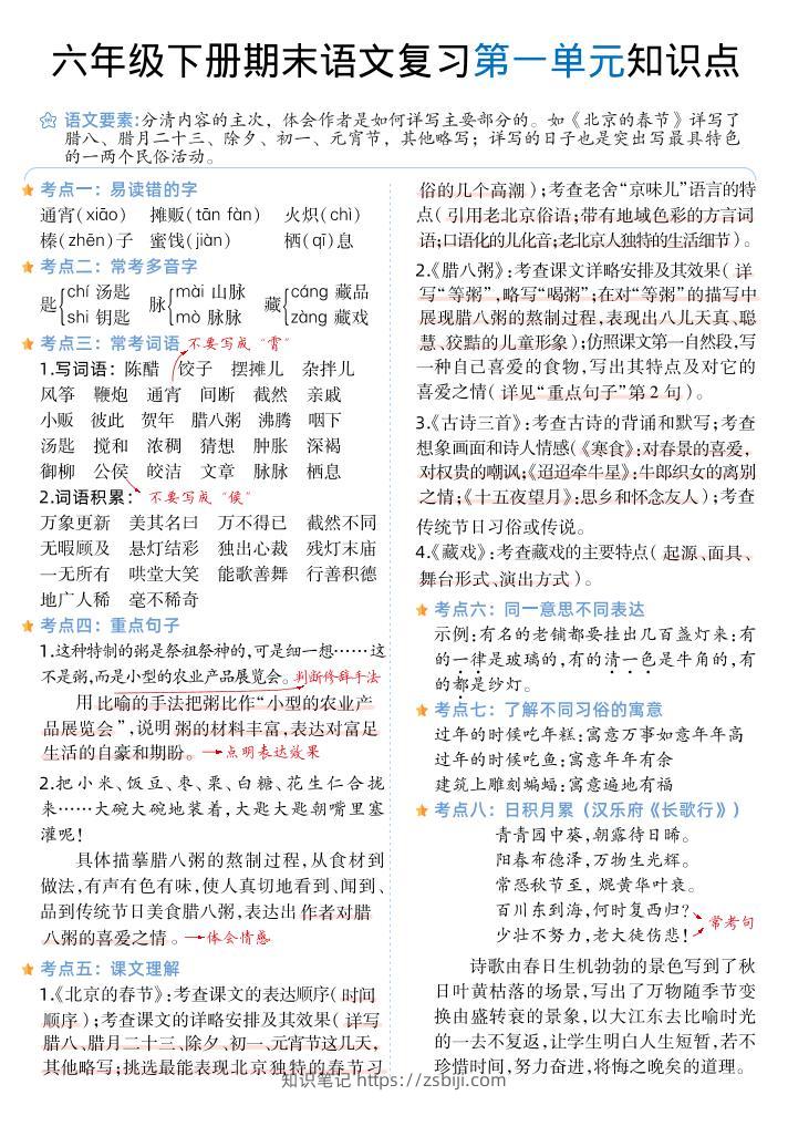 六下丨语文1-6单元单元知识点-知识笔记