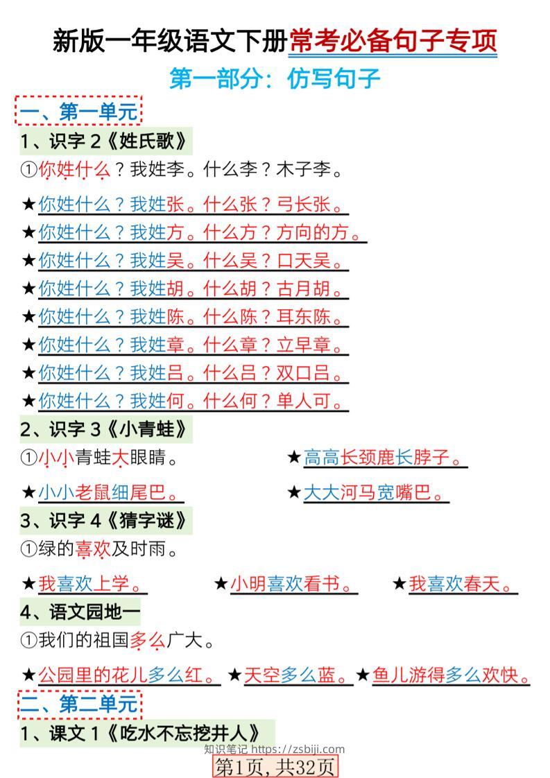 一年级下语文常考必备句子专项练习-知识笔记