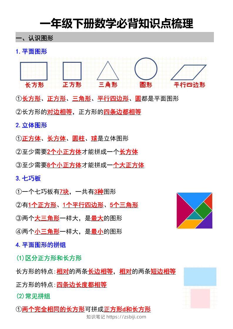 一年级下数学必背知识点梳理-知识笔记