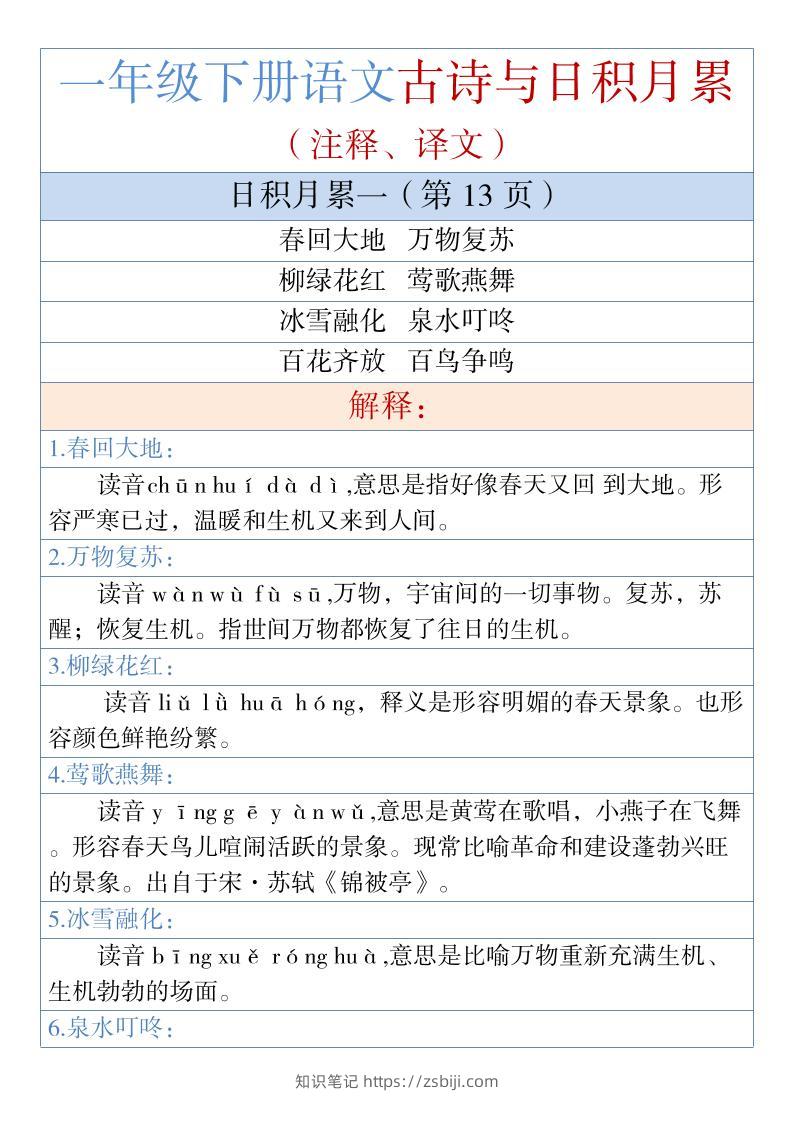 一年级下语文古诗与日积月累（注释、译文）1-知识笔记