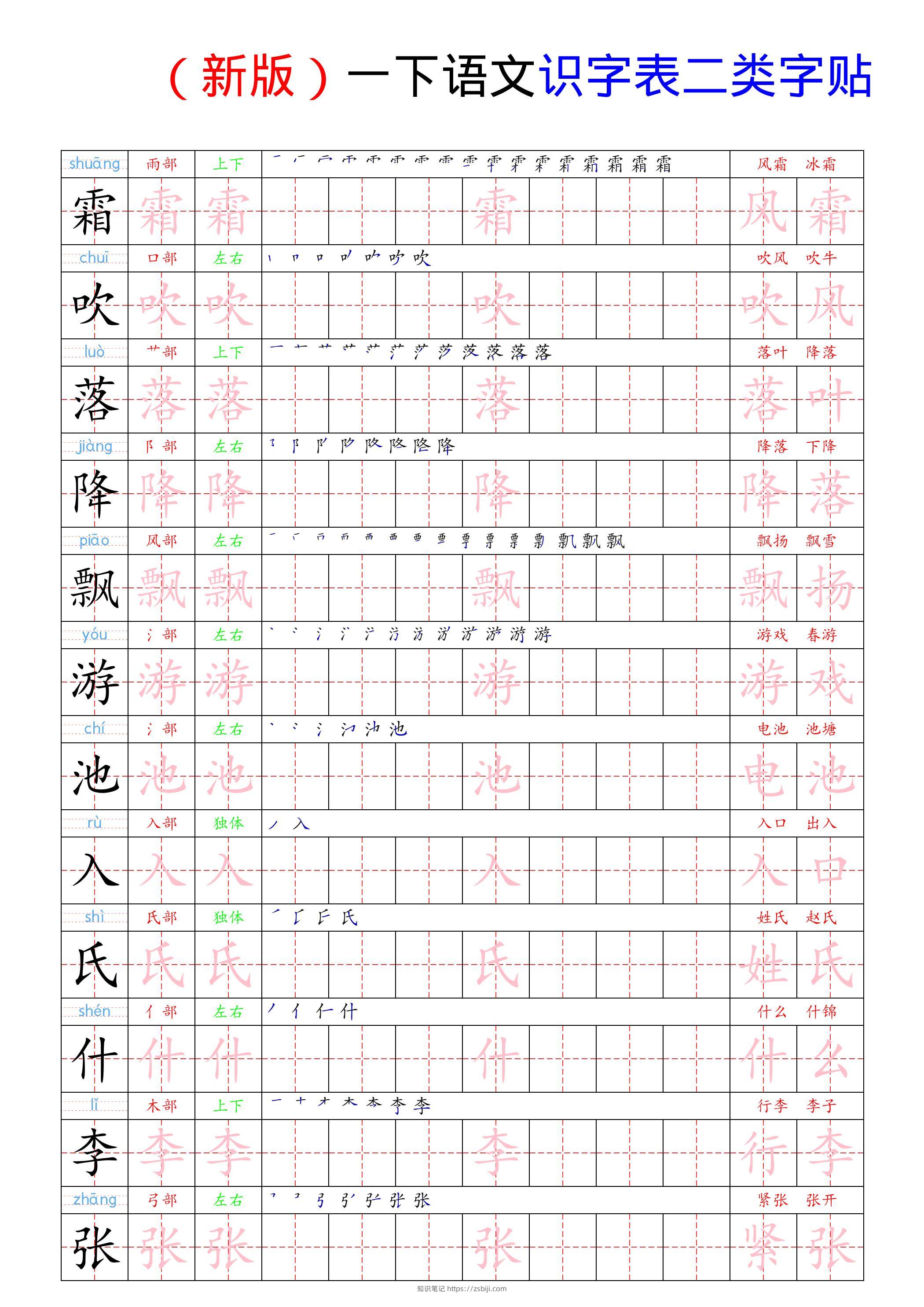 （新版）一下语文识字表二类字贴-知识笔记