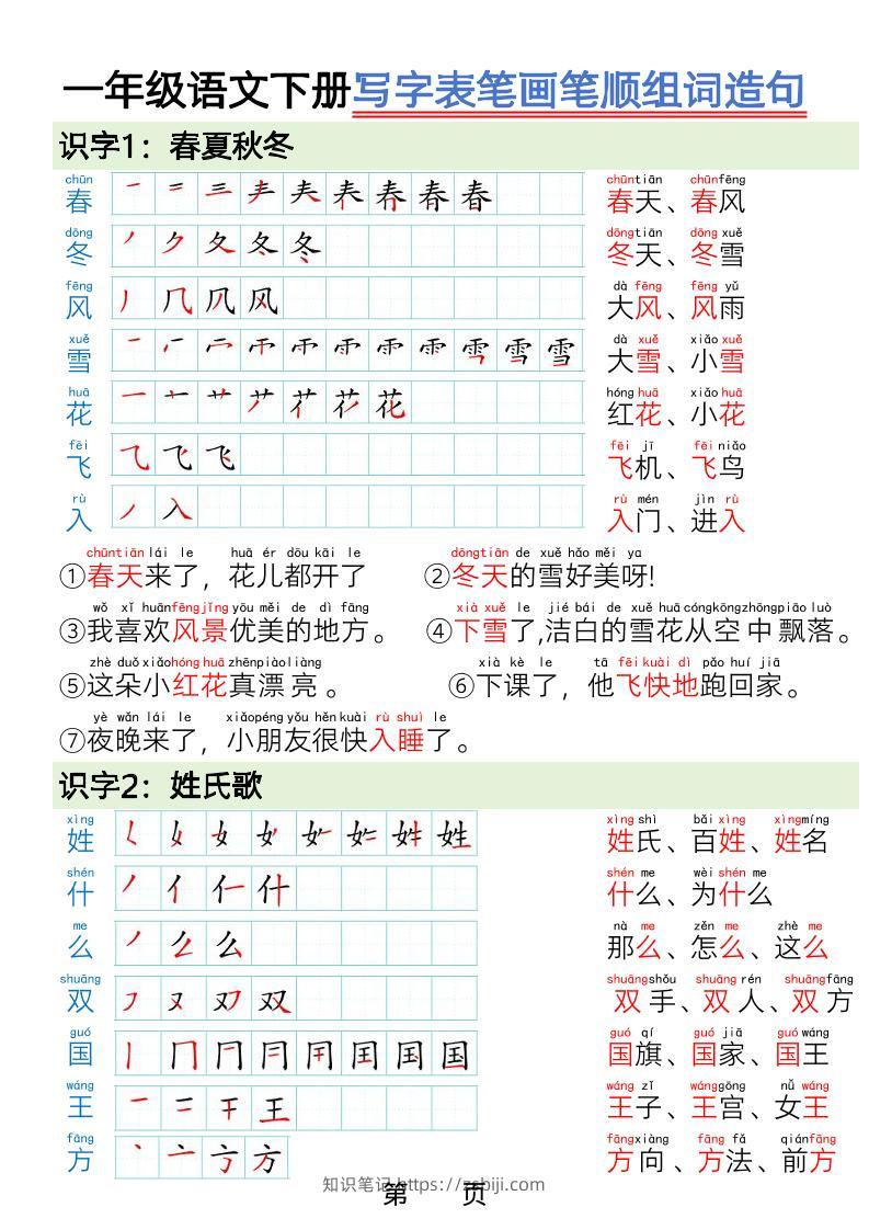 一年级下语文写字表笔画笔顺组词造句-知识笔记