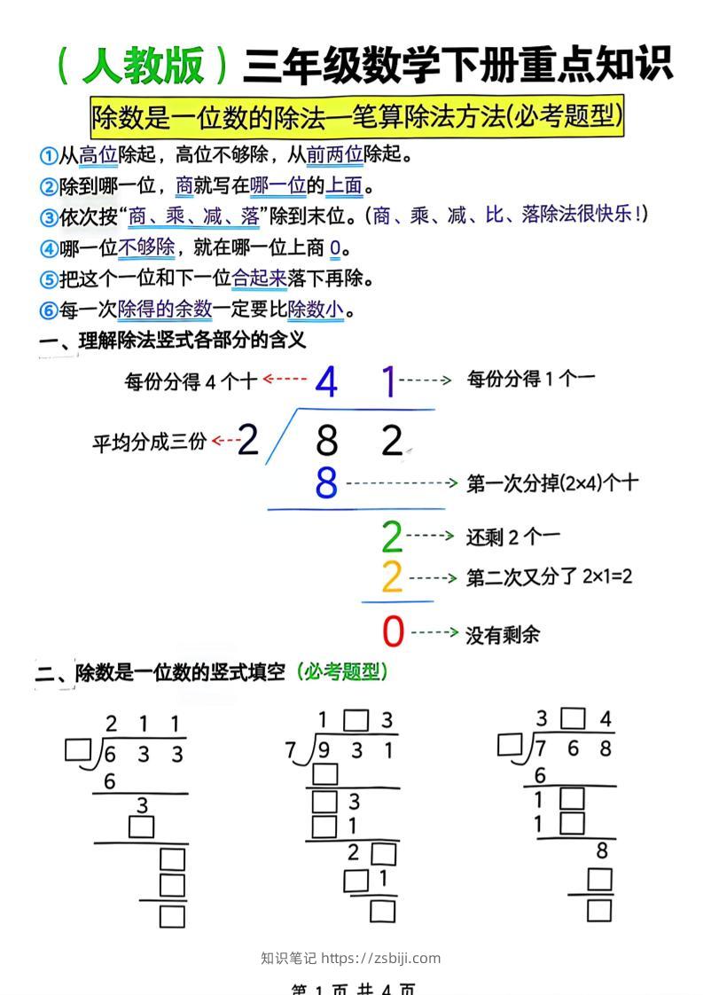三年级下数学除数是一位数的除法—笔算除法方法(必考题型)《人教版》-知识笔记