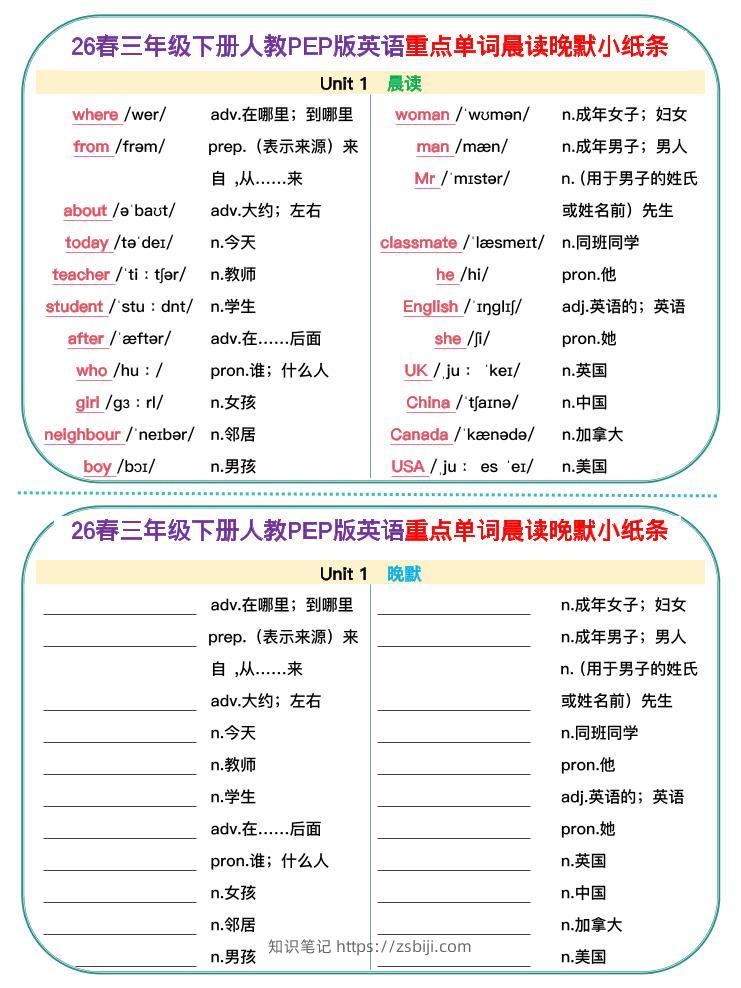 三年级下英语26春单词晨读晚默小纸条《人教版PEP》-知识笔记