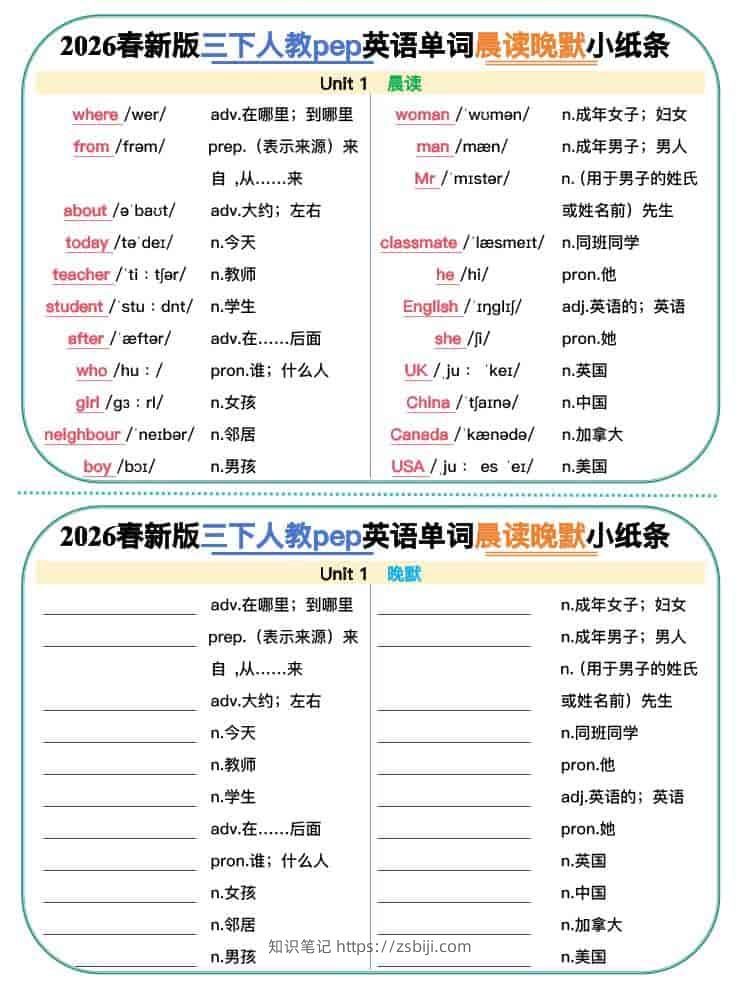 三年级下英语2026春晨读晚默小纸条《人教版》-知识笔记