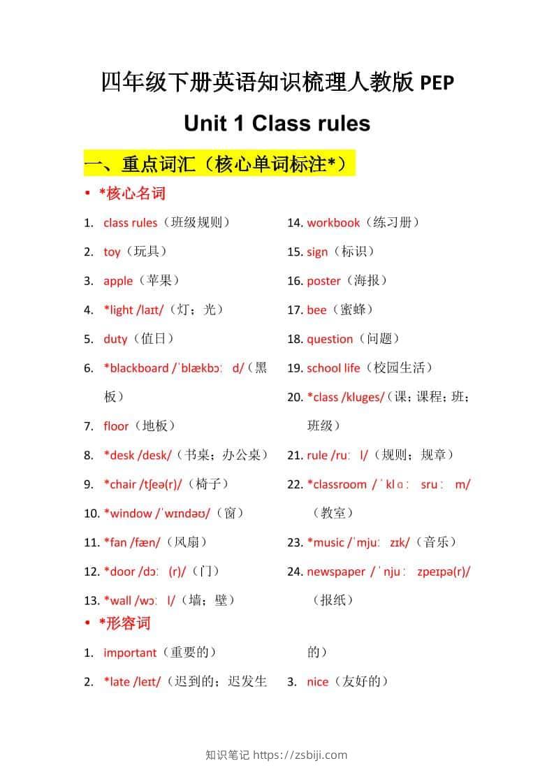 四年级下英语Unit1知识梳理+默写单《人教版PEP》-知识笔记