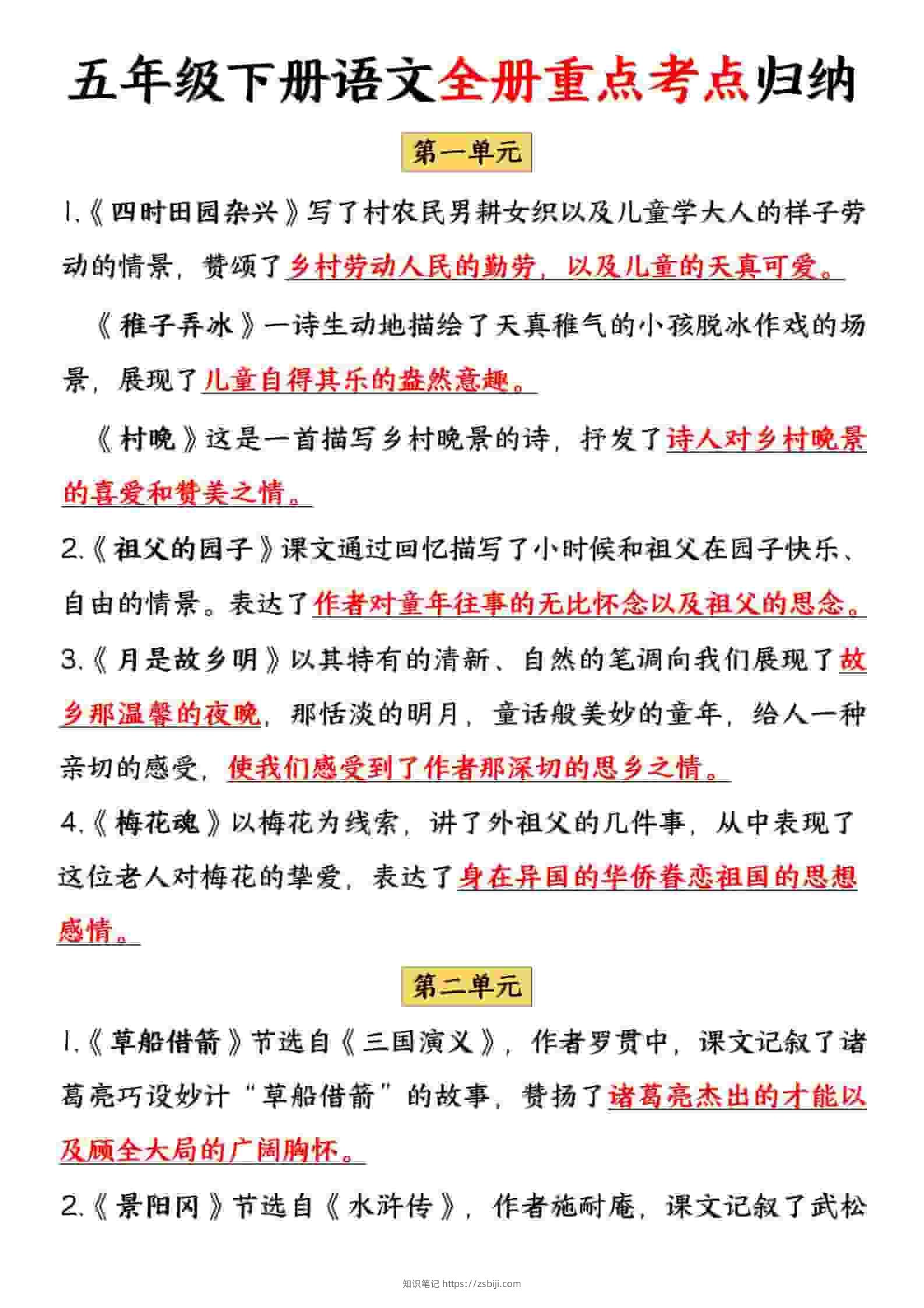 五年级下语文全册重点考点归纳-知识笔记