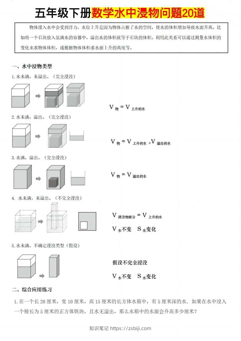 五年级下数学水中浸物问题20道-知识笔记