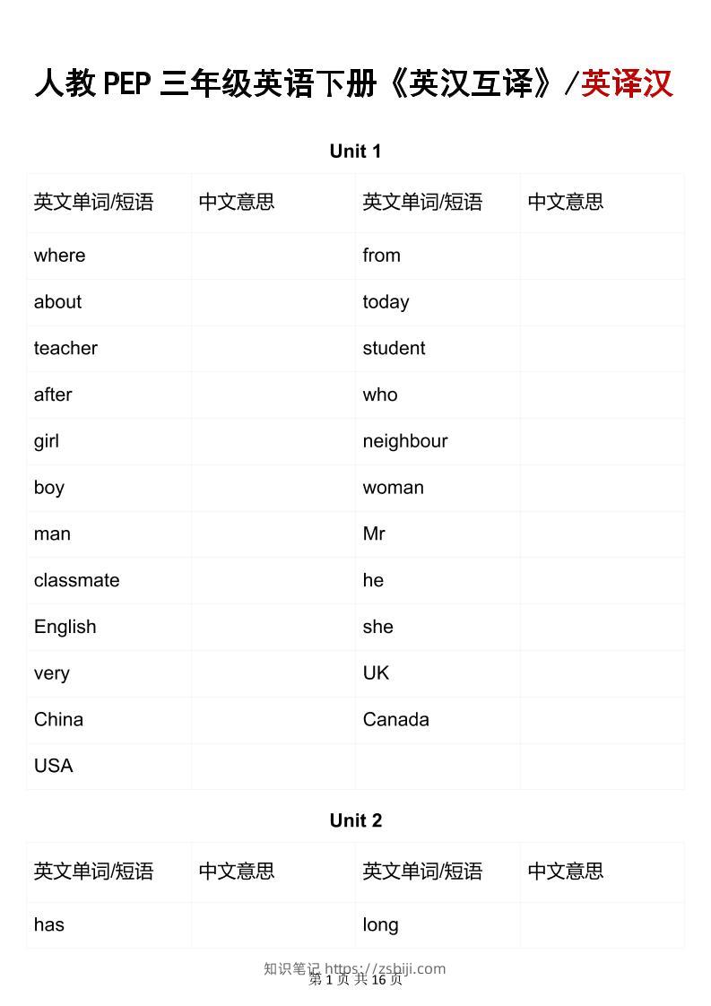 三年级下英语英汉互译练习《人教版PEP》-知识笔记