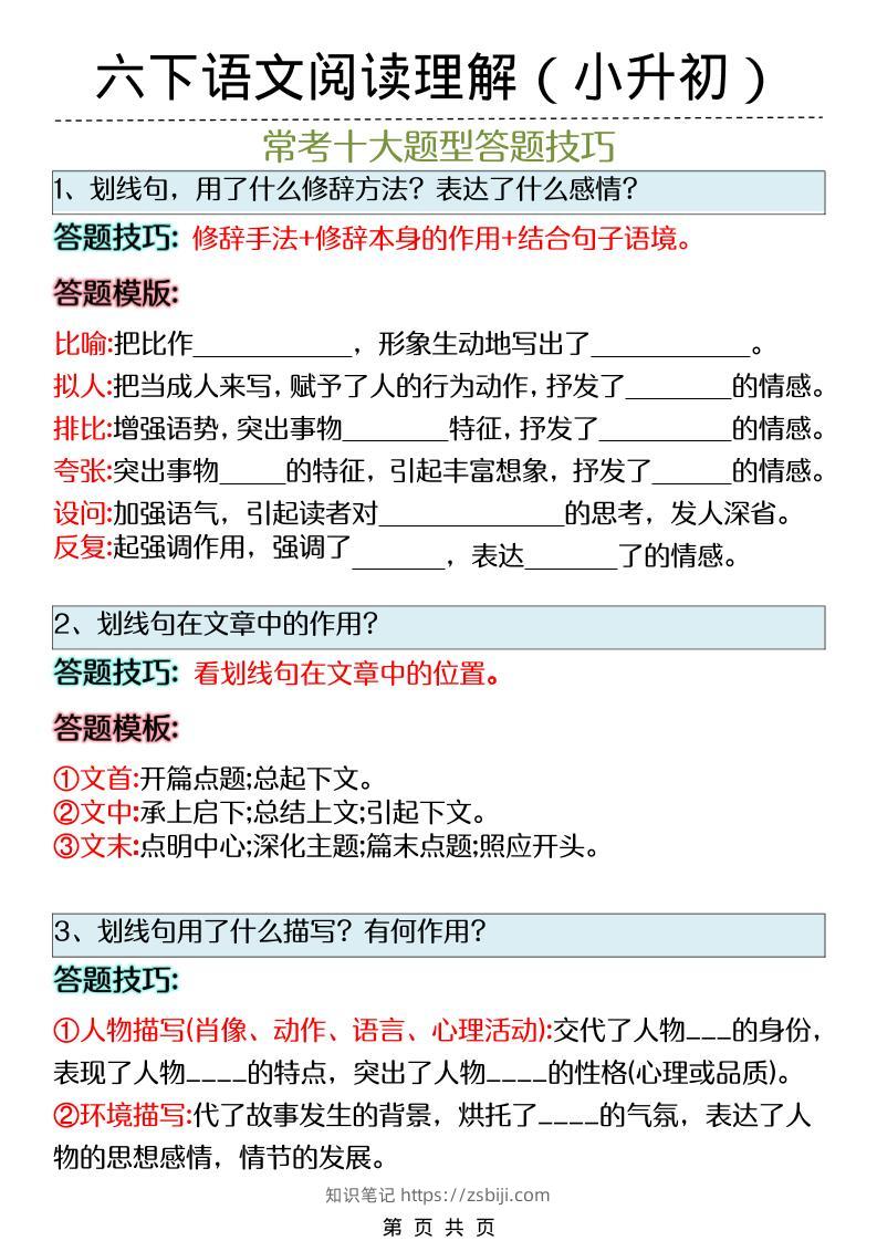 六年级下语文阅读理解答题技巧（小升初）-知识笔记
