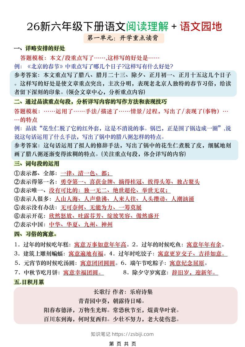 六年级下语文阅读理解＋语文园地-知识笔记