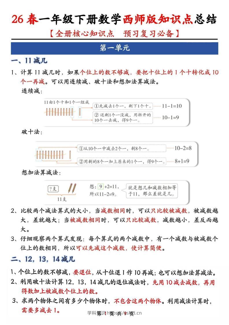 一年级下数学全册知识点总结《西师版》-知识笔记