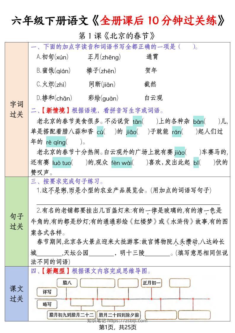六年级下语文全册课后10分钟过关练-知识笔记