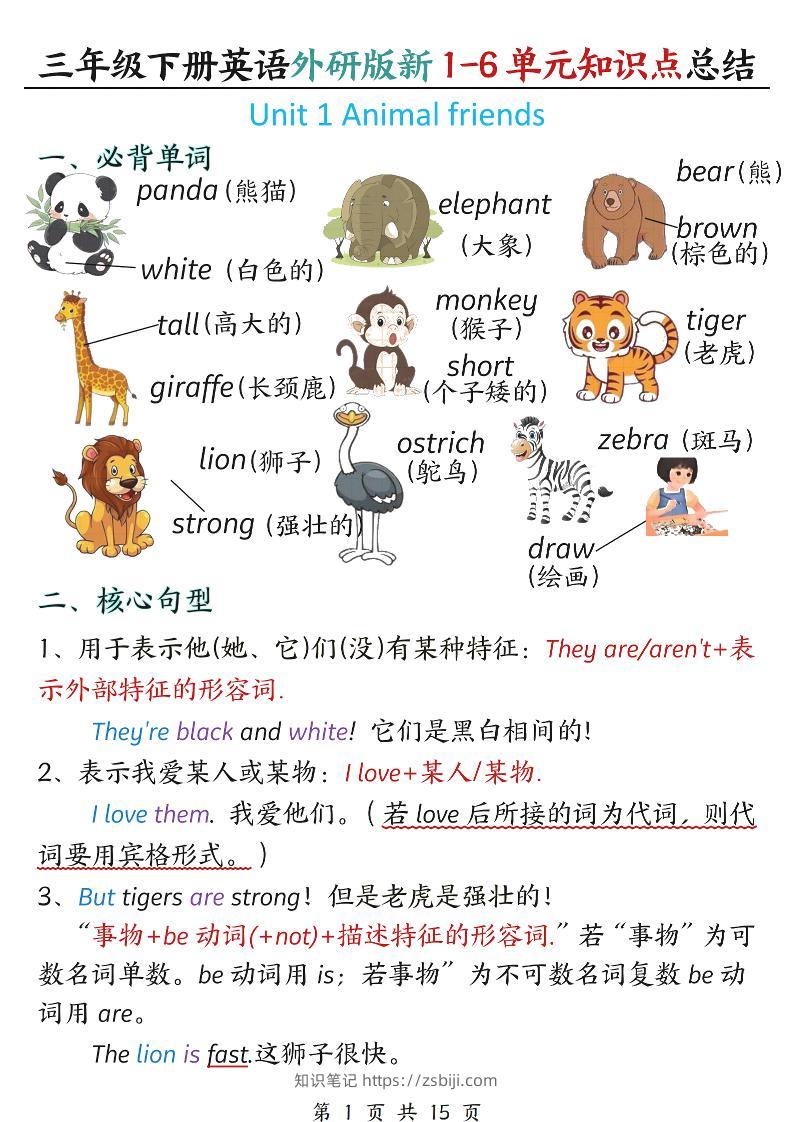 三年级下英语1-6单元必背知识点总结《外研版》-知识笔记