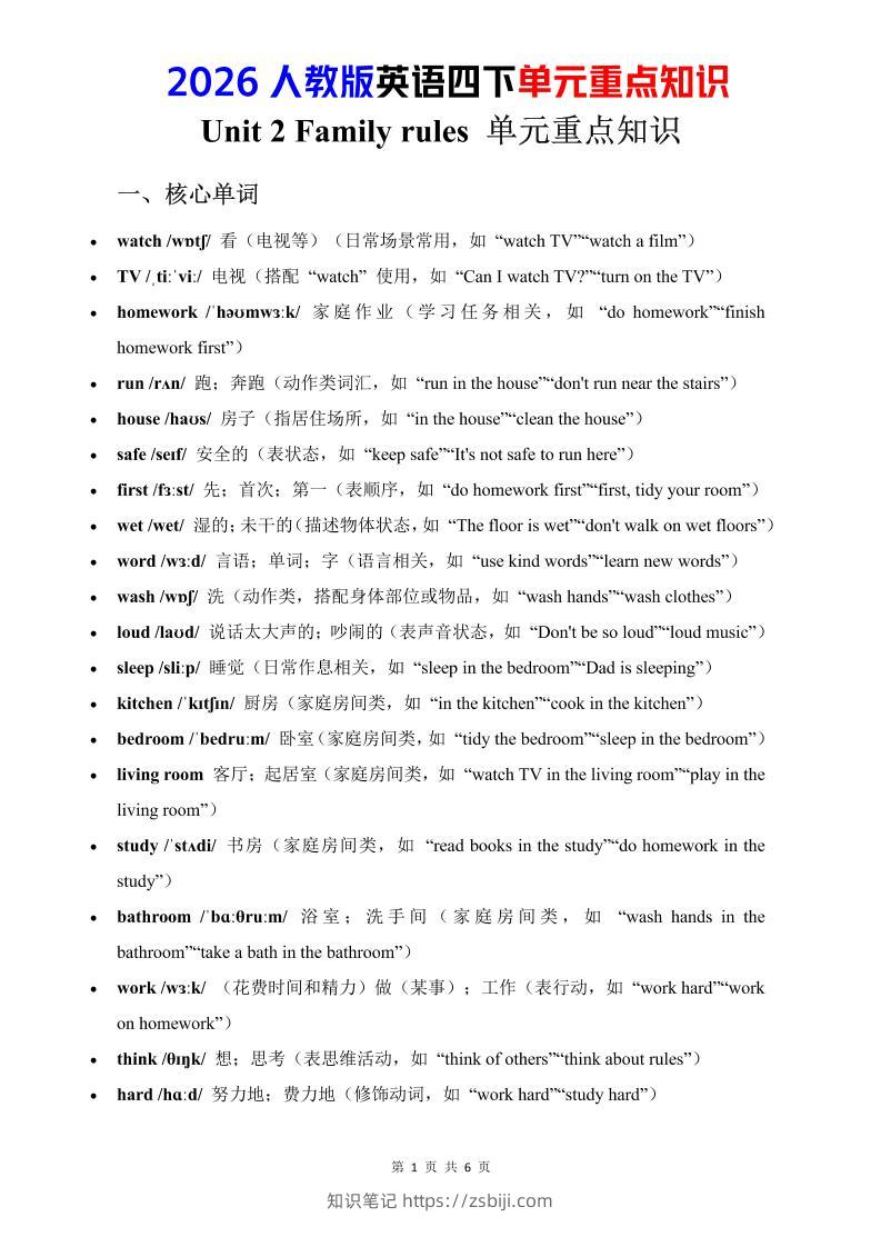 四年级下英语Unit2重点知识汇总《人教版PEP》-知识笔记