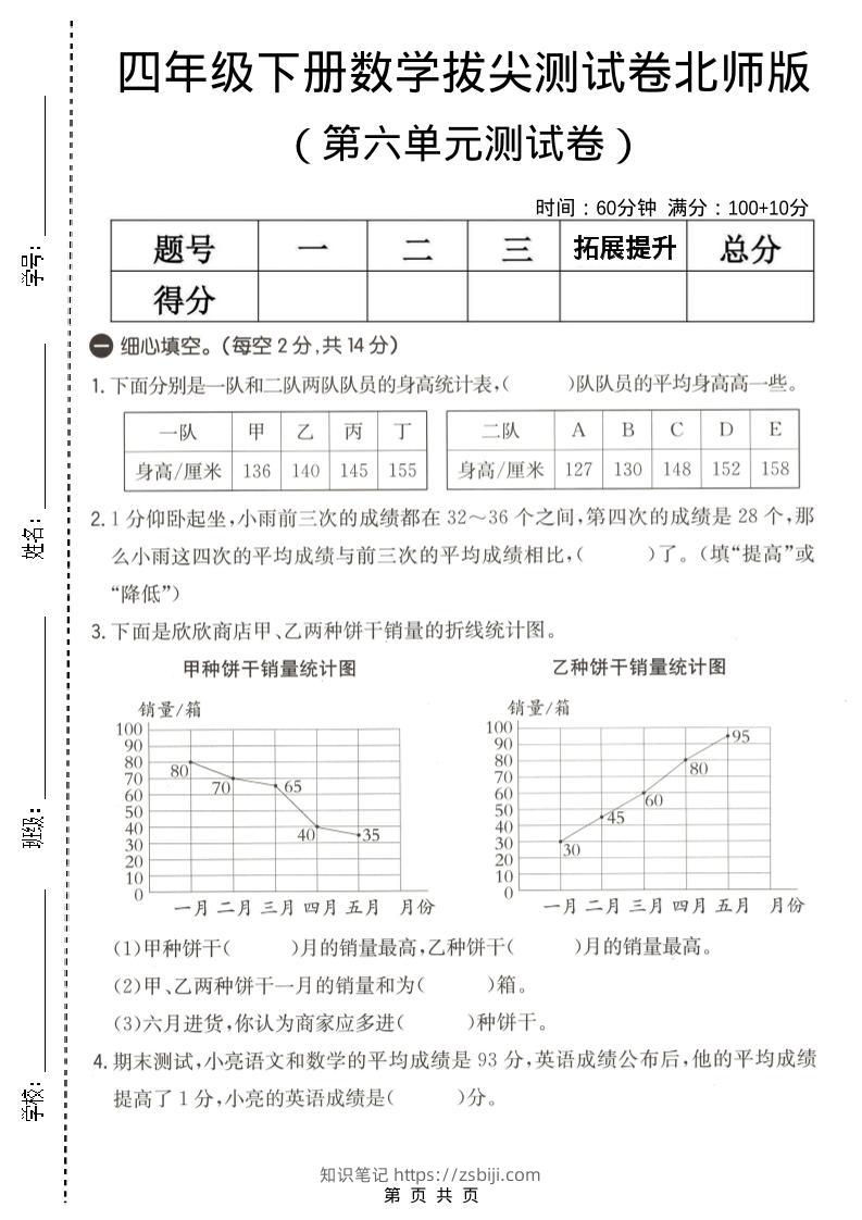 四年级下数学第六单元拔尖测试卷《北师版》-知识笔记