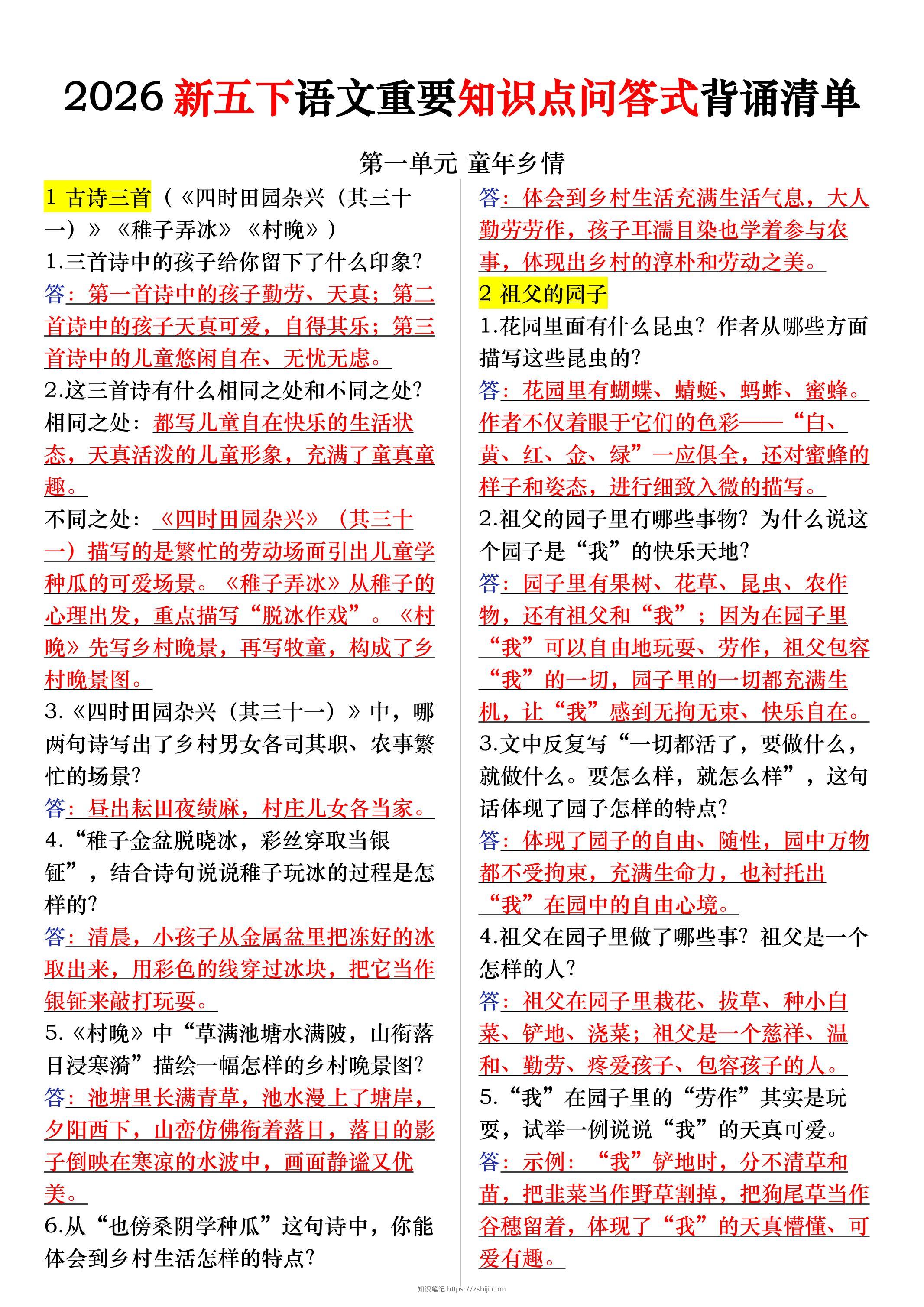 五年级下册语文每课重要知识问答卷（提问式背诵）-知识笔记
