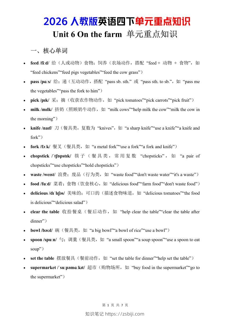 四年级下英语Unit6重点知识汇总《人教版PEP》-知识笔记