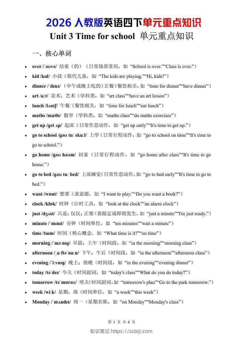 四年级下英语Unit3重点知识汇总《人教版PEP》-知识笔记