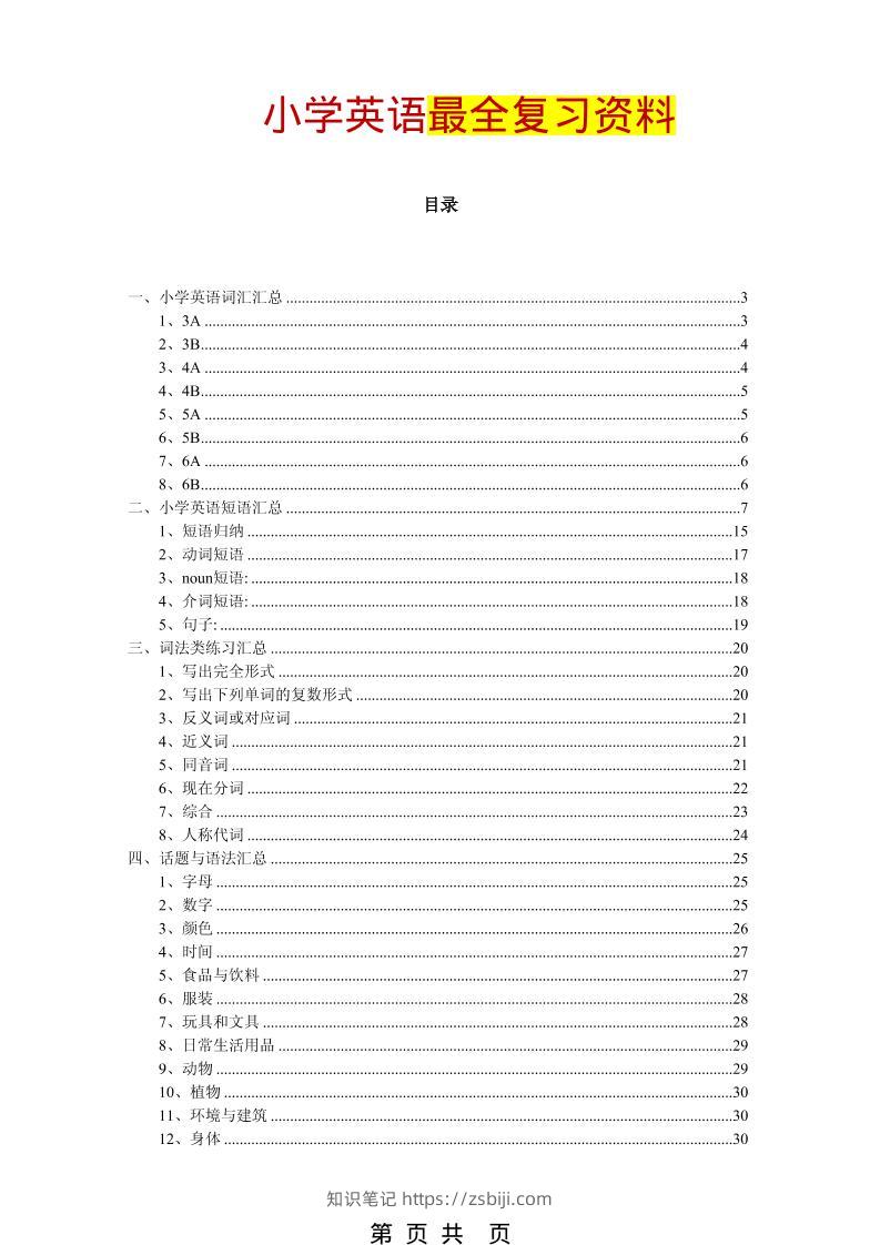 六年级下英语最全复习资料（单词、短语、语法、主题）-知识笔记