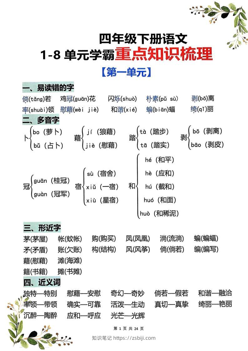 四年级下语文1-8单元学霸重点知识梳理-知识笔记