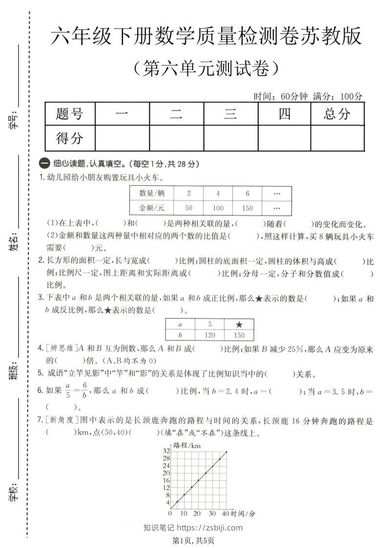 六年级下数学第六单元质量检测卷1《苏教版》-知识笔记
