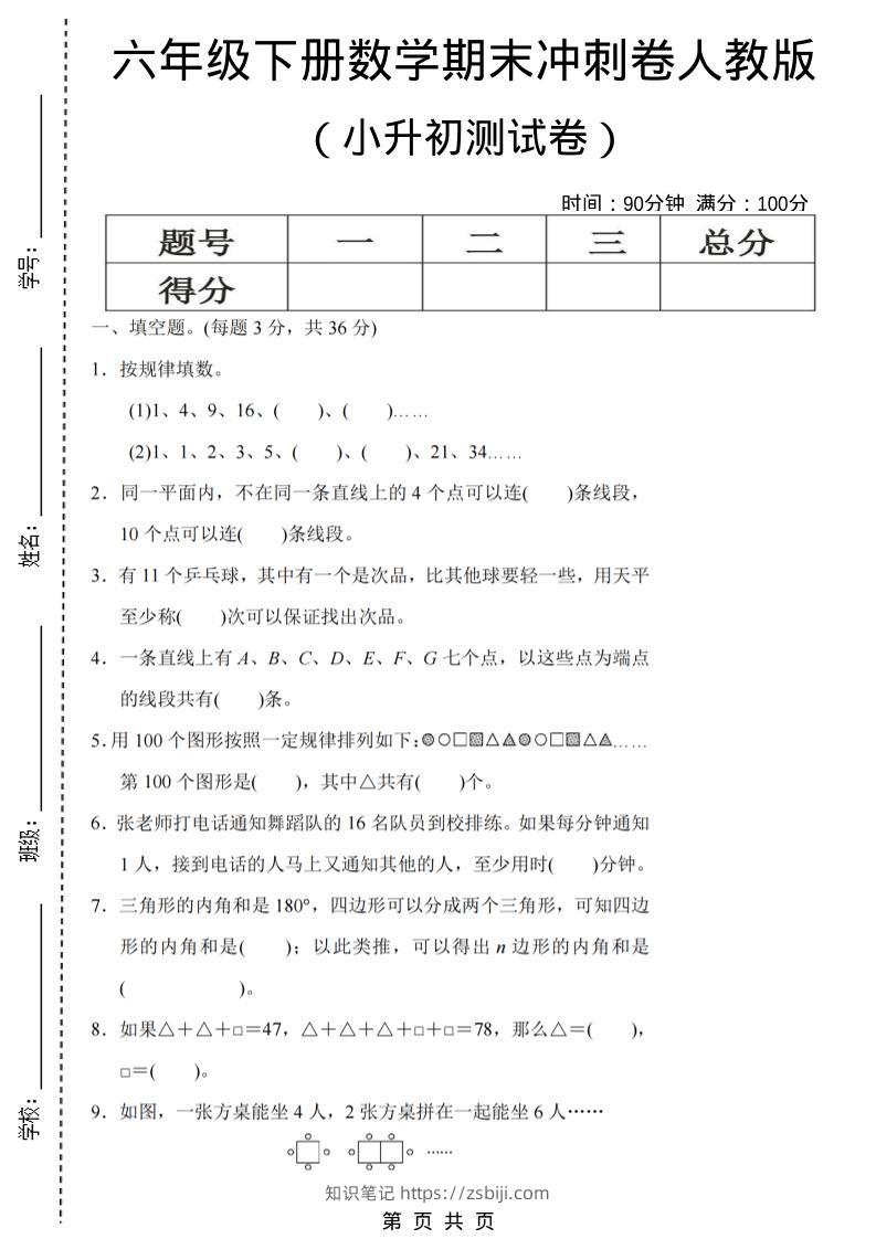 六年级下数学期末小升初冲刺卷《人教版》-知识笔记