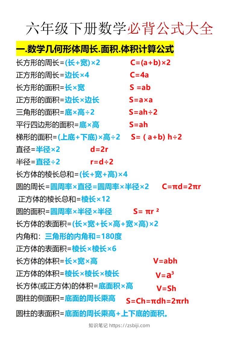 六年级下数学期末必背公式大全-知识笔记