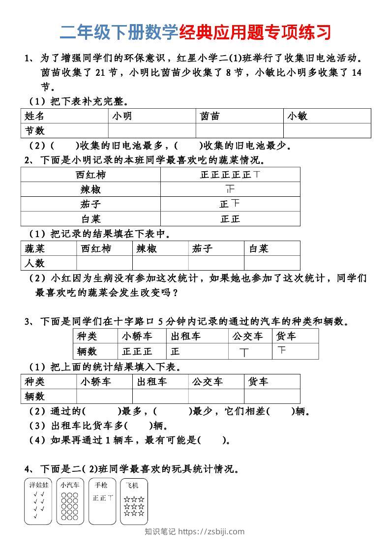 二年级下数学经典应用题专项练习-知识笔记
