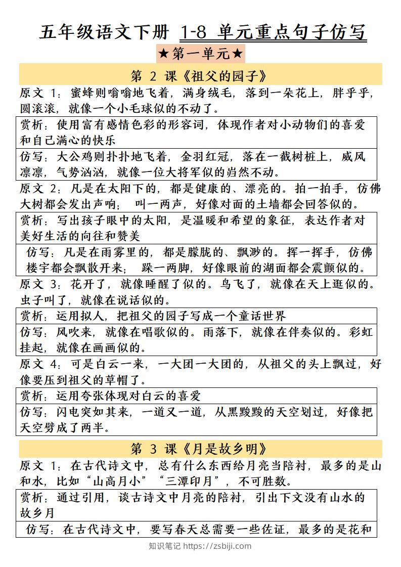 五年级下语文1-8单元重点句子仿写-知识笔记
