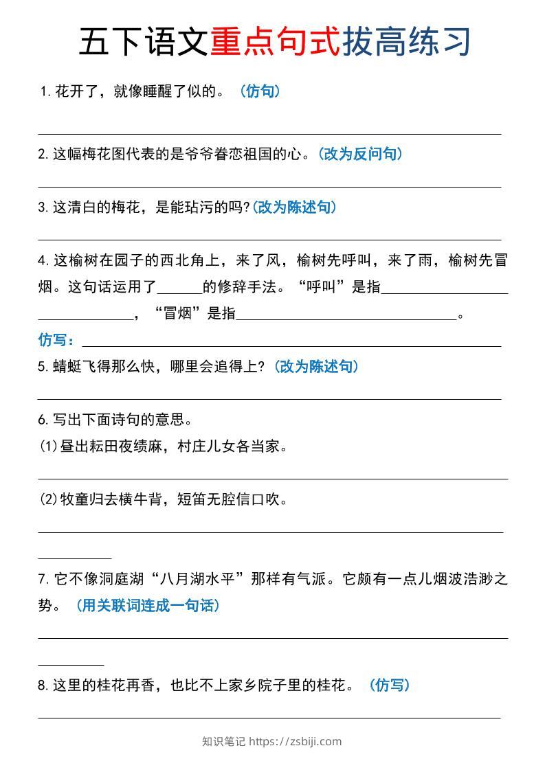 五年级下语文《重点句式》拔高练习-知识笔记