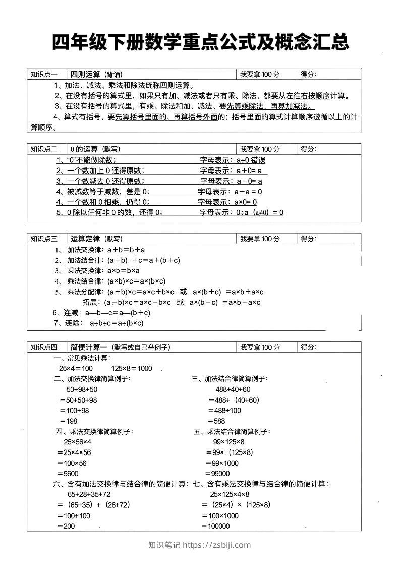 四年级下数学重点公式及概念汇总-知识笔记