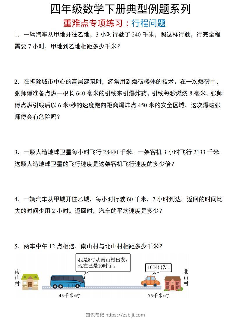 四年级下数学重难点专项：行程问题-知识笔记