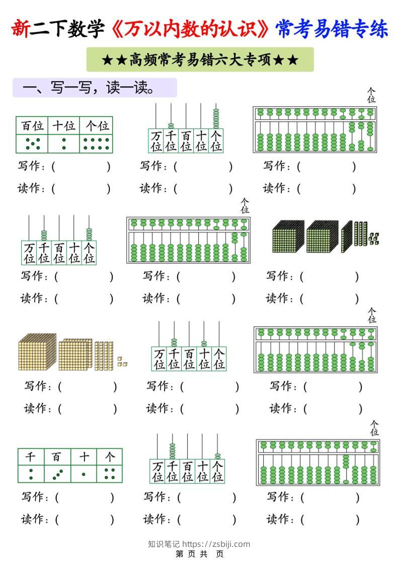 26春二年级下数学《万以内数的认识》常考易错专项练习-知识笔记