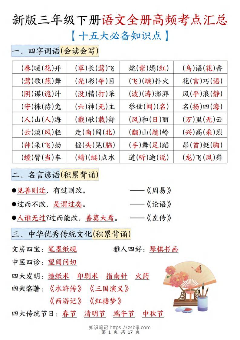 三年级下语文期末复习高频考点汇总（十五大必备知识点）-知识笔记