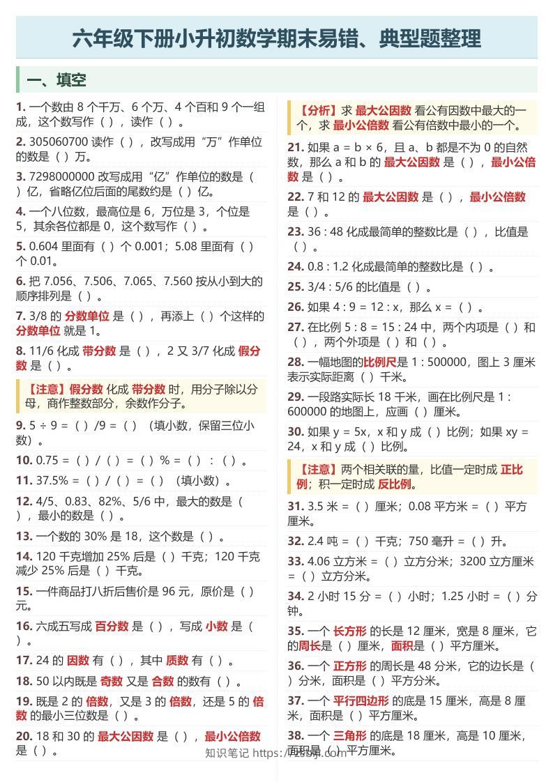 六年级下数学期末常考易错、典型题整理-知识笔记