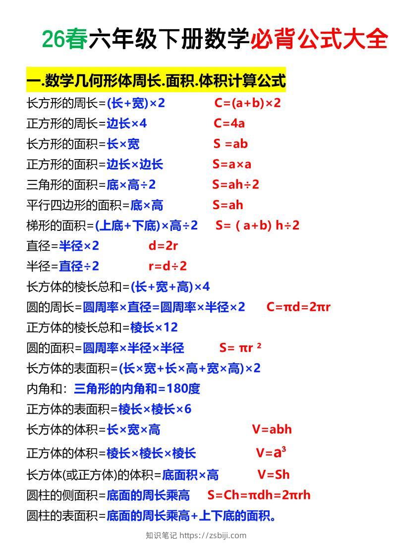 26春六年级下数学期末必背公式大全-知识笔记