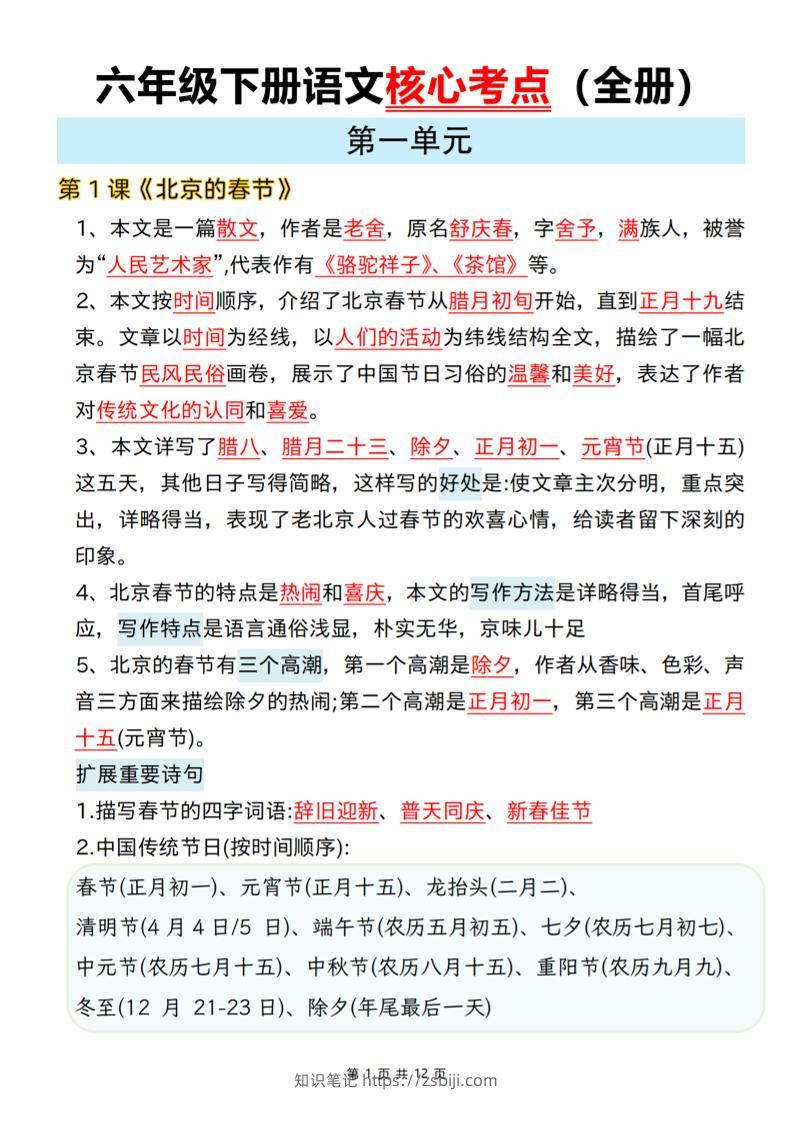 六年级下语文期末全册课文核心考点-知识笔记