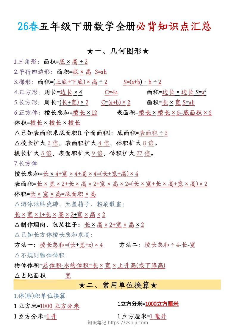 26春五年级下数学期末必背公式汇总-知识笔记